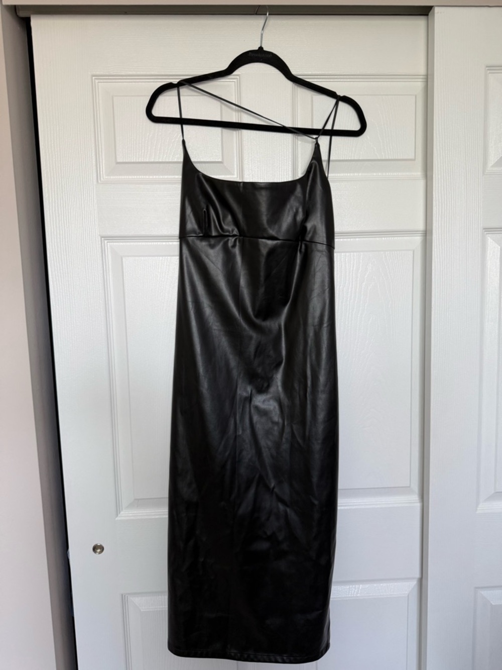 Commense Black Faux Leather Midi Slip Dress